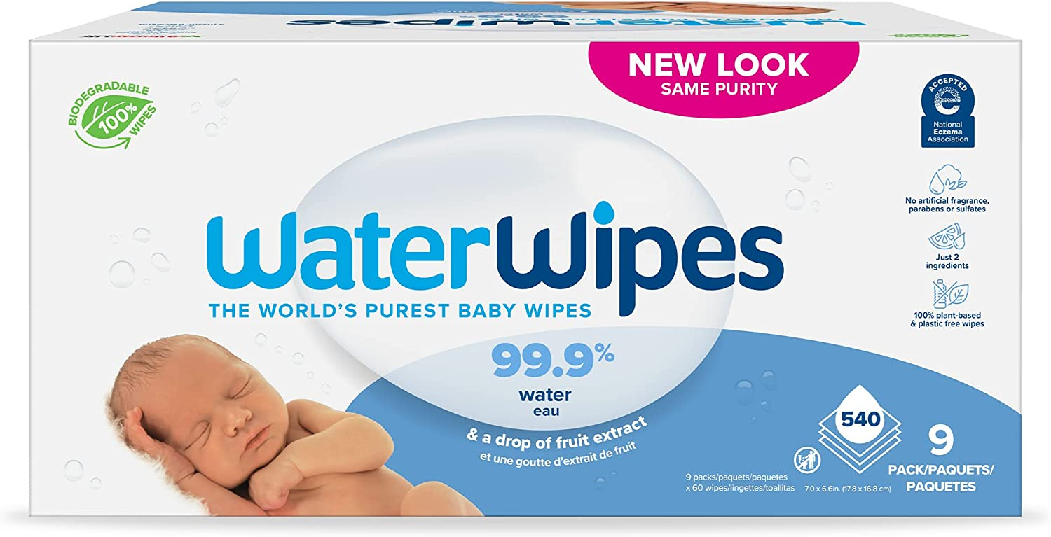 WaterWipes Biodegradable Original Baby Wipes, 99.9% Water Based Wipes, Unscented & Hypoallergenic for Sensitive Skin, 540 Count (9 packs), Packaging May Vary